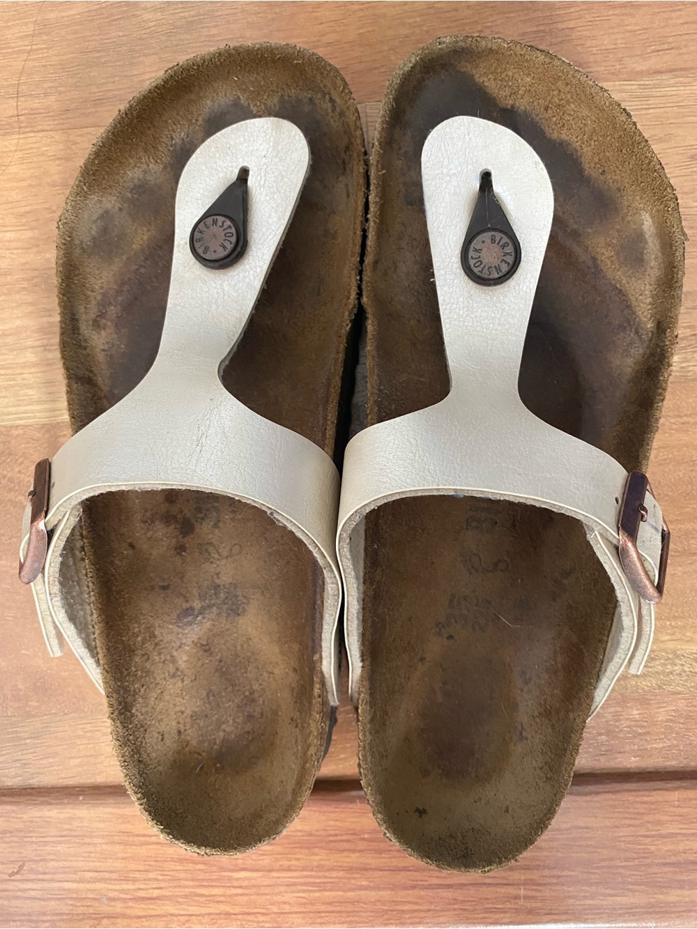Birkenstock Cream Leather Thong Sandals with Brown Footbeds